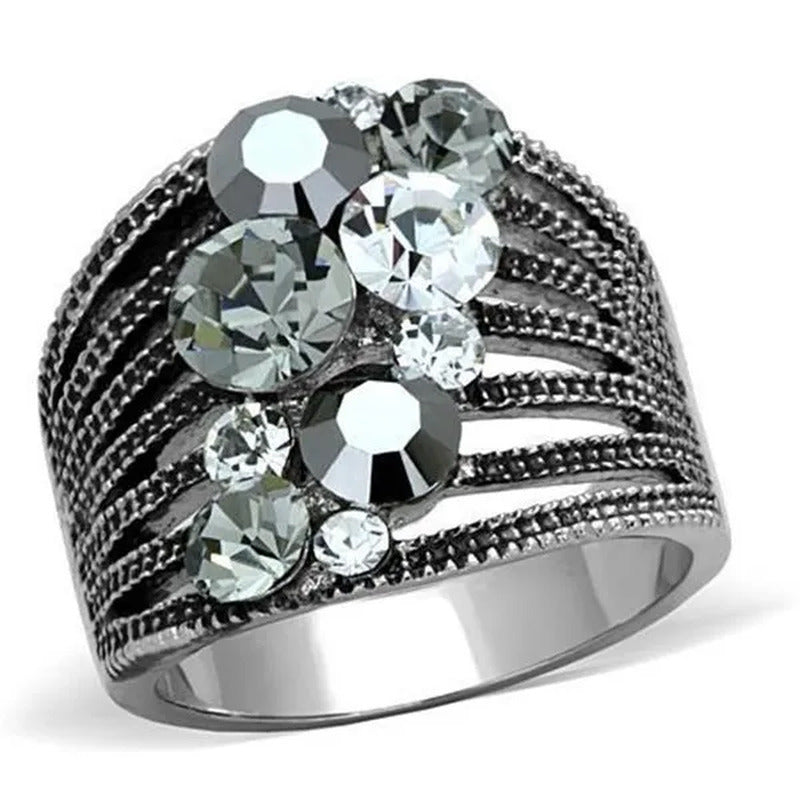 Women High Polished Stainless Steel Ring with Top Grade Crystal in Black Diamond