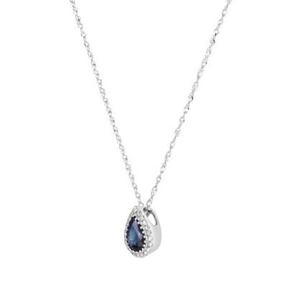 Pear Cut Sapphire and Diamond Pendant in 14K White Gold