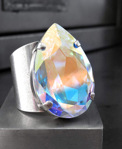 Large Shimmering Teardrop AB Crystal Cocktail Ring, Adjustable Band
