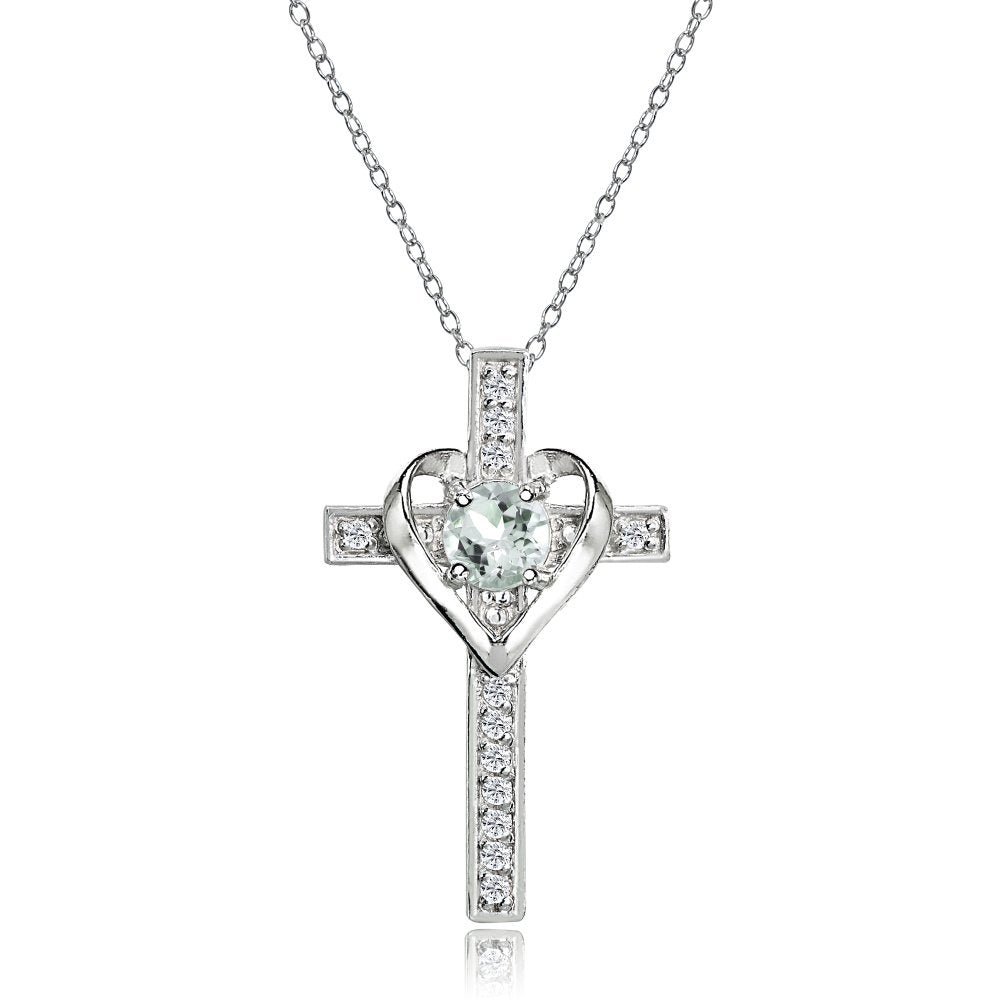 Sterling Silver Light Aquamarine and White Topaz Heart Cross Birthstone Pendant