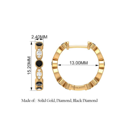 0.75 CT Black and White Diamond Hoop Earrings, Black Diamond Vintage Hoop Earrin