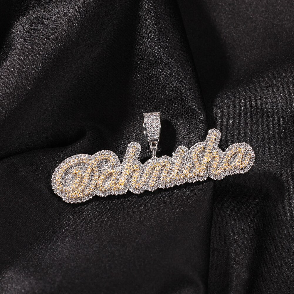 Custom Name Necklace Bubble Edwardian Script Letter Iced Out White Pink CZ