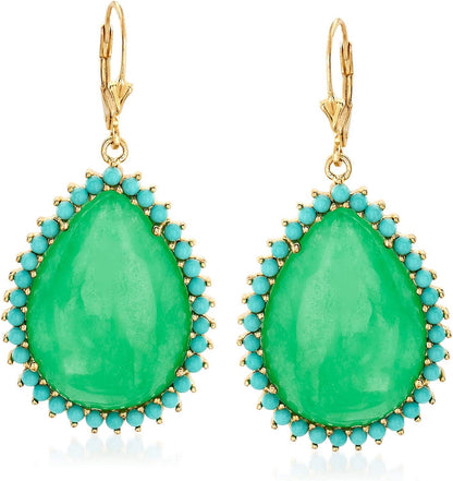 Jade and Simulated Turquoise Drop Earrings in 14Kt Gold over Sterling