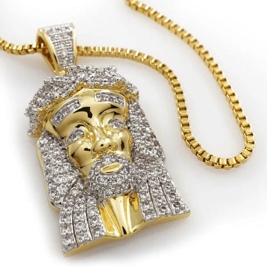 18K Gold MINI JESUS PIECE Out Iced Simulated Diamond Pendant Chain FGH1026