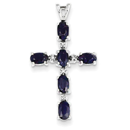 14K White Gold Diamond and Sapphire Cross Pendant