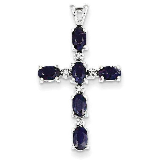 14K White Gold Diamond and Sapphire Cross Pendant