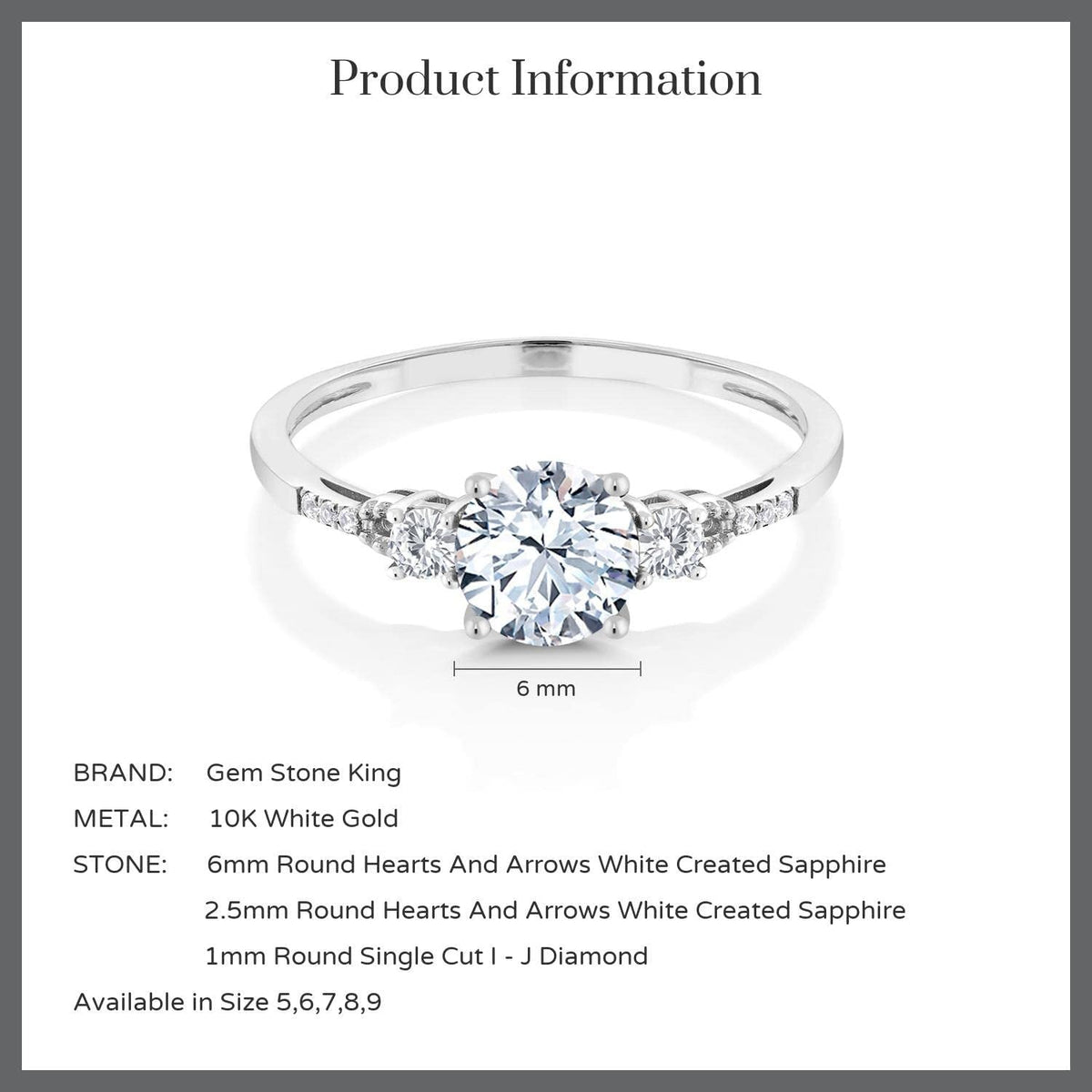 10K White Gold Hearts and Arrows White Created Sapphire and Diamond Accent 3-Sto