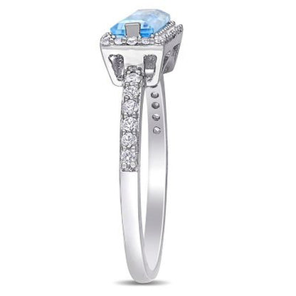 Baguette-Cut Blue Topaz and White Sapphire Halo Ring in Sterling Silver