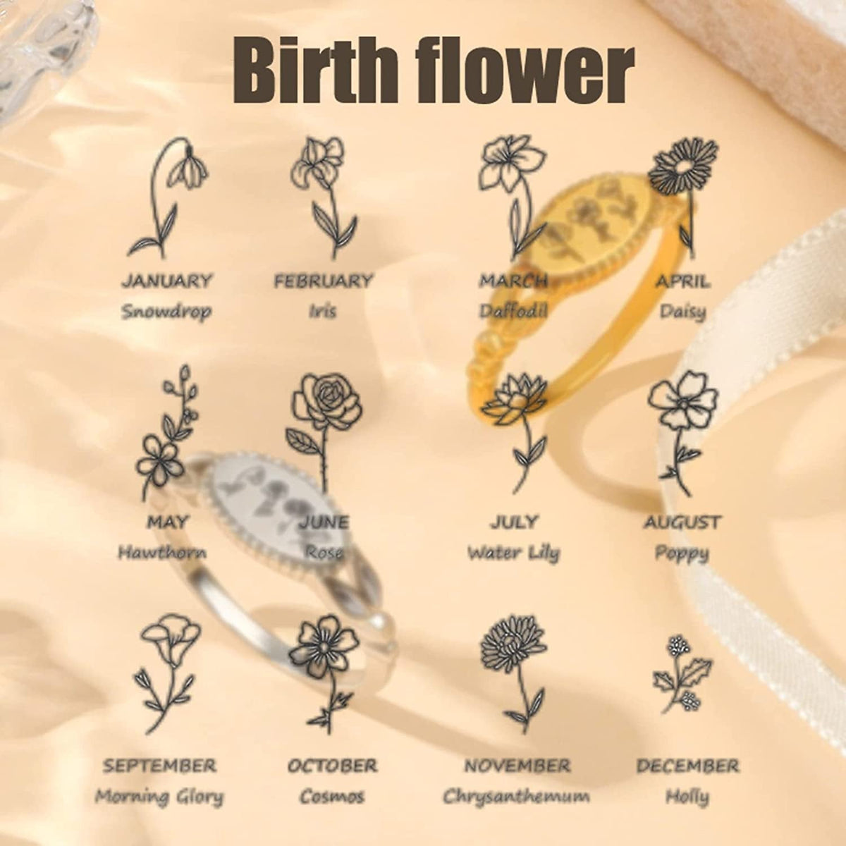 Personalized Custom Vintage Birth Flower Ring Sterling Silver Engrave Month Flow