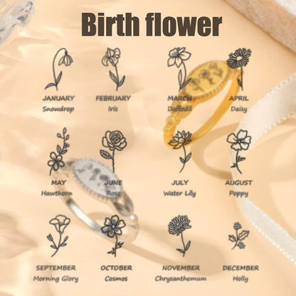 Personalized Custom Vintage Birth Flower Ring Sterling Silver Engrave Month Flow