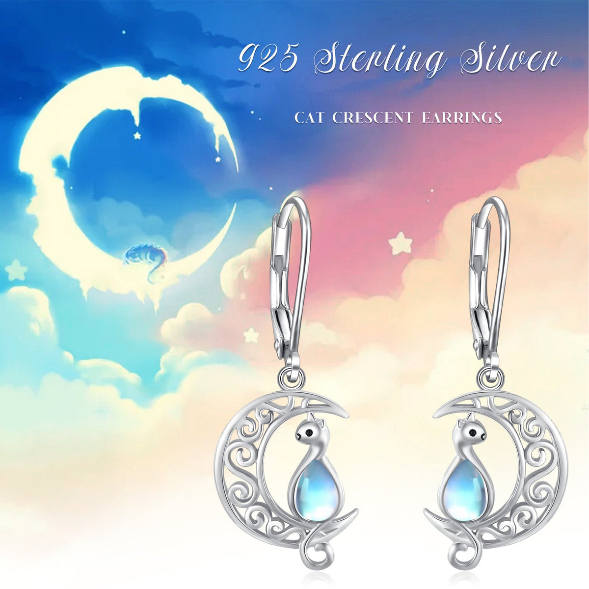Moon Cat Earrings for Women Hypoallergenic 925 Sterling Silver Crescent Cat Drop