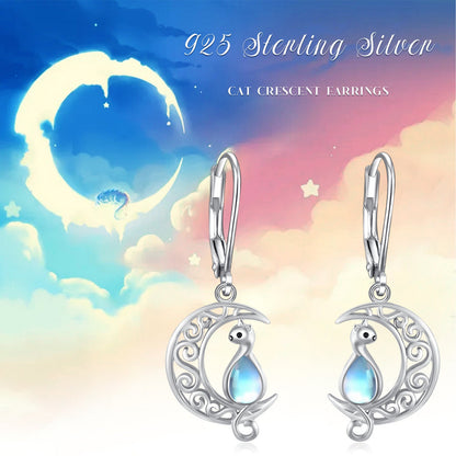 Moon Cat Earrings for Women Hypoallergenic 925 Sterling Silver Crescent Cat Drop