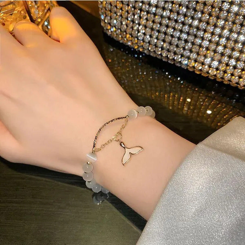 Evil Eye Fish Tail Beaded Bracelets Natural Cat Eye Stone 6 8Mm Opal Bangles Adj
