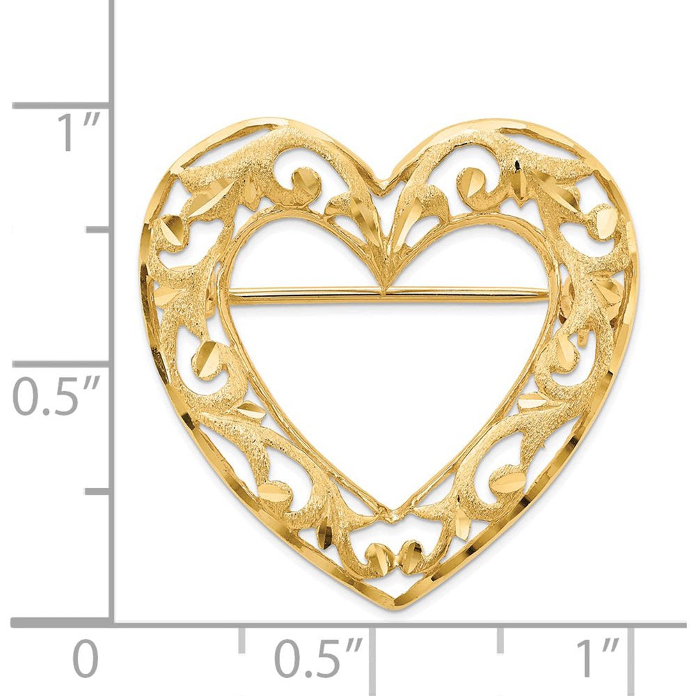 14K Yellow Gold Diamond-Cut Polished and Satin Filigree Open Heart Pin Brooch (2