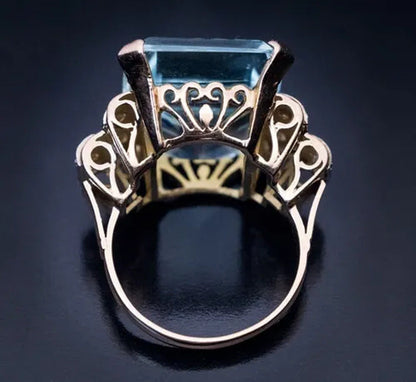 Classic Luxury Fashion Blue Gemstone Square Cut Gold Princess Elgant Lady Finger