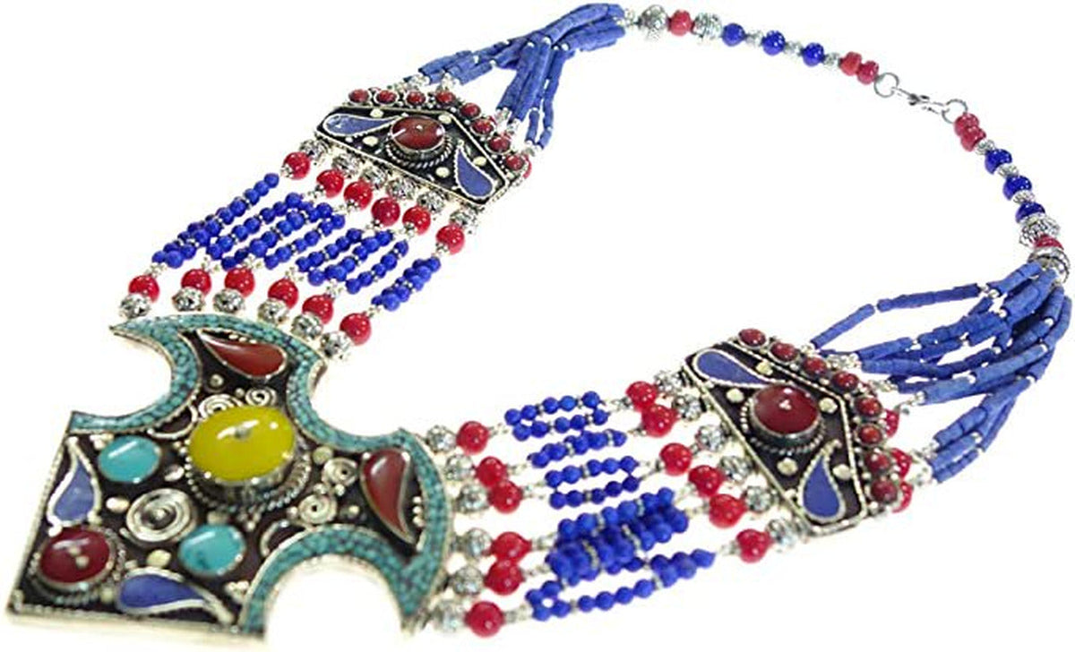 Tibetan Multi Strand Lapis Lazuli Amber Coral Beads Handmade Ethnic Tribal Gypsy