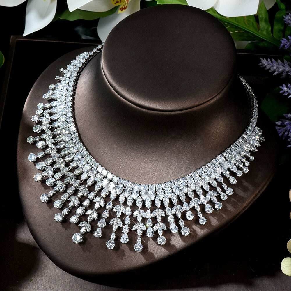 Fashion White AAA CZ Zirconia Leaf Earring Necklace Set for Women Bridal Wedding