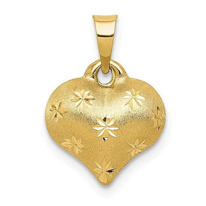 Valentines Day K2502 14K Yellow Gold Satin & Diamond Cut Puffed Heart Pendant