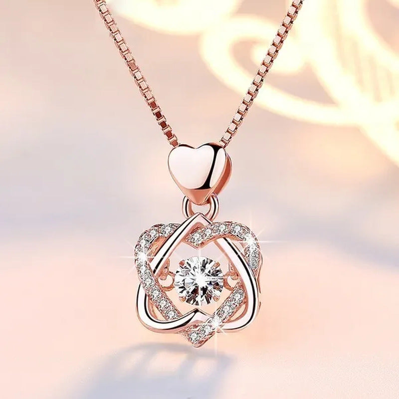 Fashion Romantic Double Heart Diamond Heartbeat Necklace Sapphire Flower Pendant