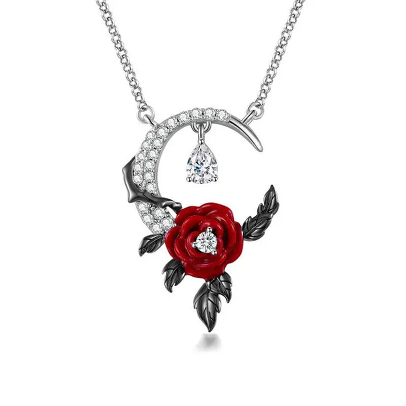 Creative Exquisite Crescent Pendant Rose Necklace 925 Sterling Silver Necklace F