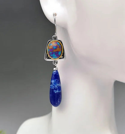 New Boho Style Natural Lapis Lazuli Gemstone Hook Earrings Women Wedding Engagem
