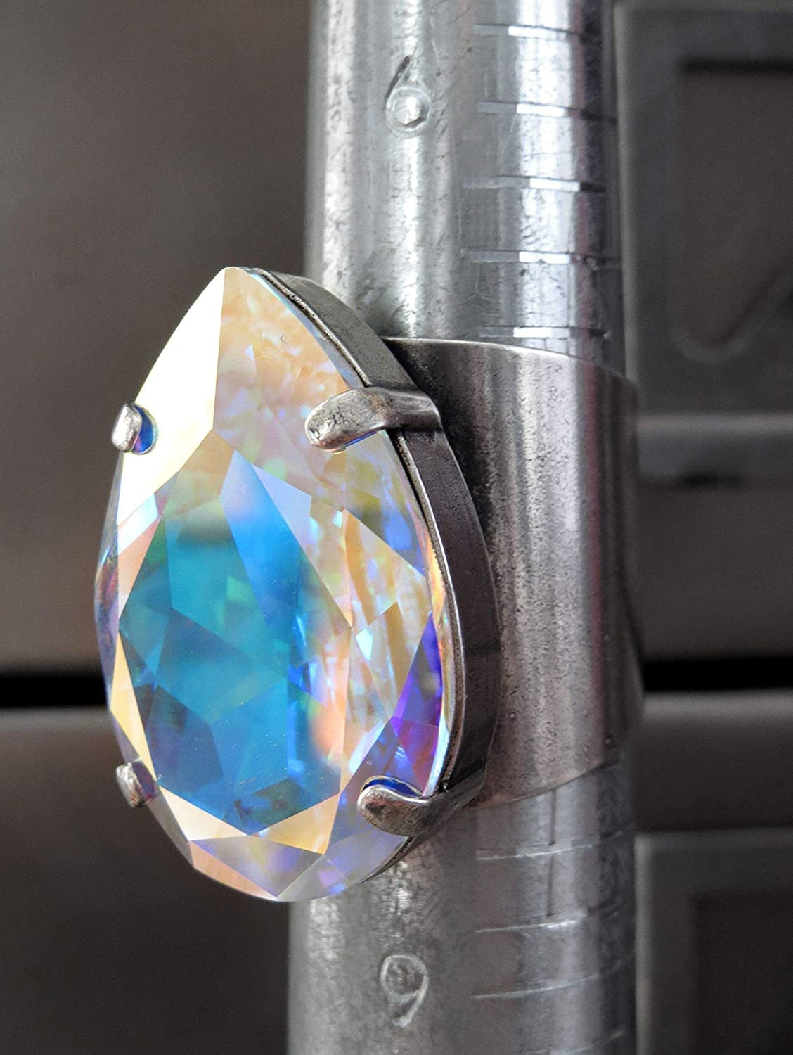Large Shimmering Teardrop AB Crystal Cocktail Ring, Adjustable Band