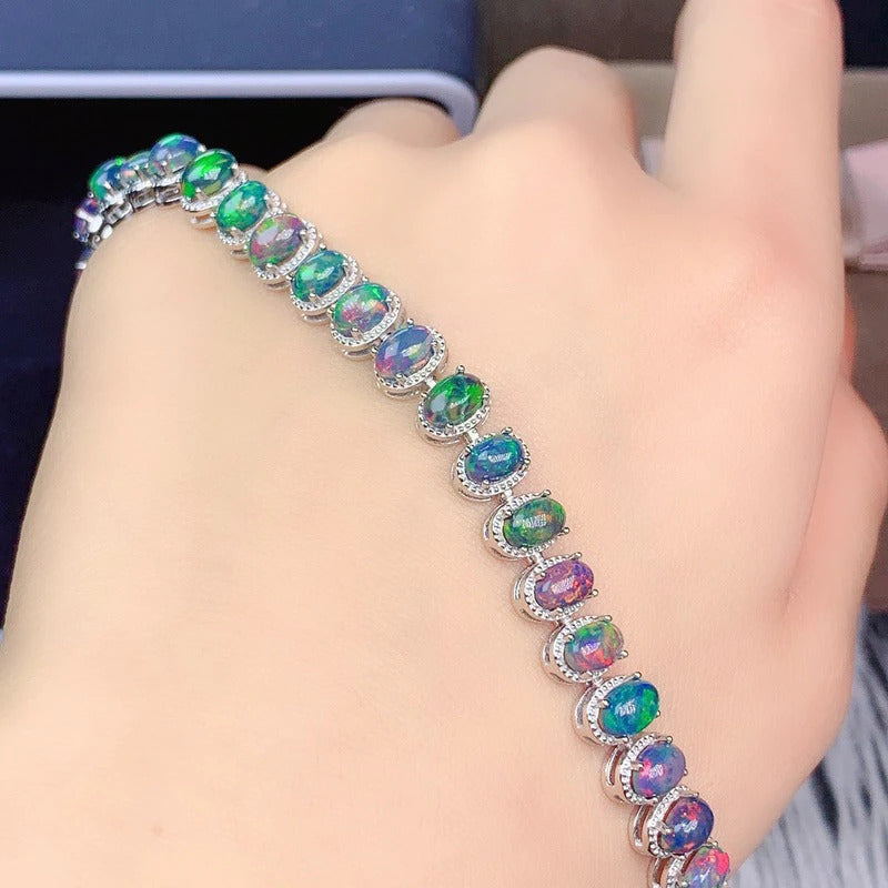 925 Sterling Silver Inlaid Natural Black Opal Bracelet Delicate Female Popular S
