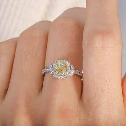 Fancy Yellow Moissanite Cushion Cut Engagement Ring 0.7Ct 5X6Mm for Women Real