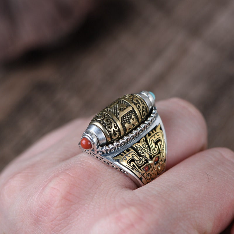 S925 Silver Vintage Craftsmanship Golden Rotatable Six-Character Mantra Ring