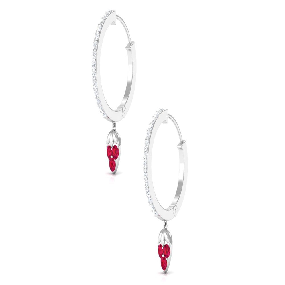 1/2 CT Ruby and Diamond Vintage Hoop Earrings for Women, 14K White Gold