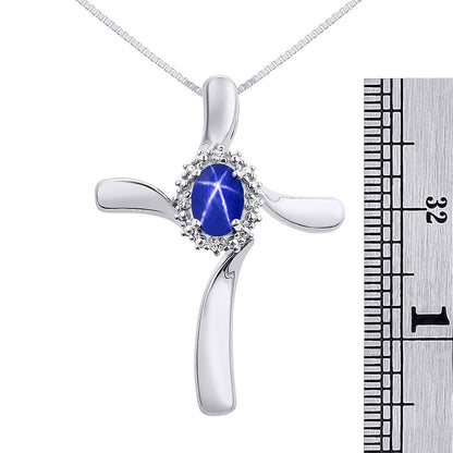 Diamond & Blue Star Sapphire Cross Pendant Necklace Set in Sterling Silver .925