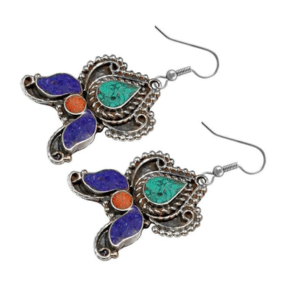 Drop Earring for Women Teens Compressed Turquoise Lapis Lazuli & Coral Inlay Bea