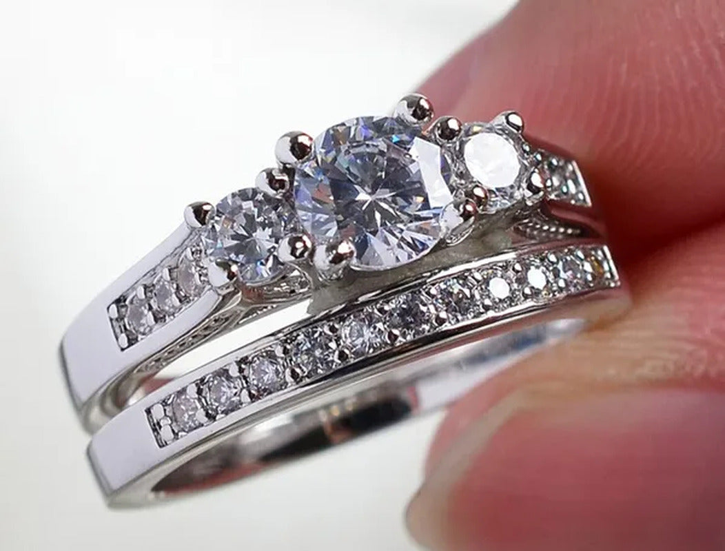 Sz6-9 10Kt Wedding&Engagement Ring Bridal Set White Gold Filled Three Stone CZ L