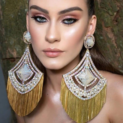 24K Gold-Plated Luxury Diamond Pearl Tassel Long Earrings Fashion Personality Ex