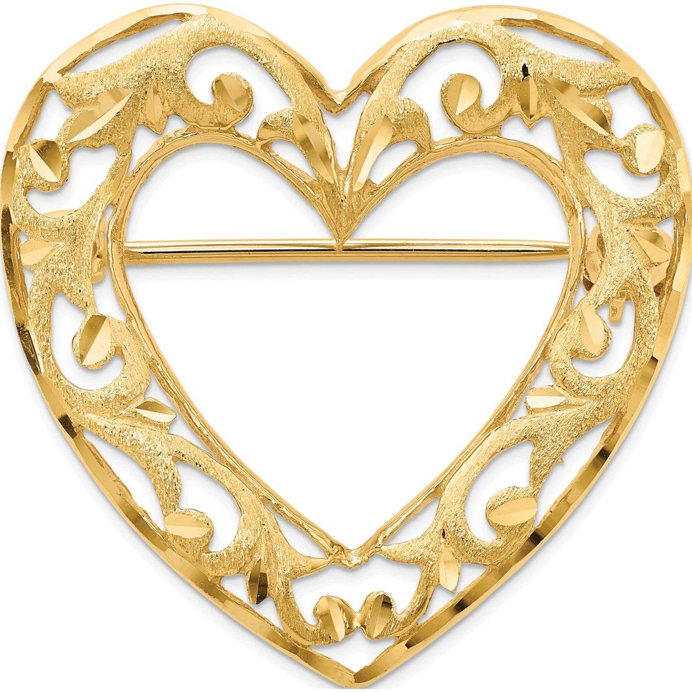 14K Yellow Gold Diamond-Cut Polished and Satin Filigree Open Heart Pin Brooch (2