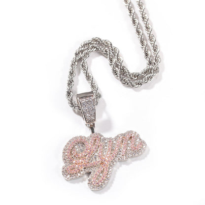 Custom Name Necklace Bubble Edwardian Script Letter Iced Out White Pink CZ