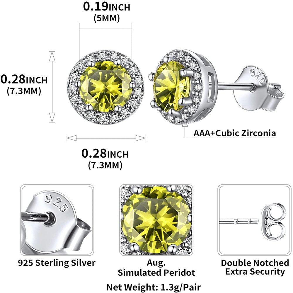 Birthstone Stud Earrings 925 Sterling Silver with Cubic Zirconia Crystal - Augus