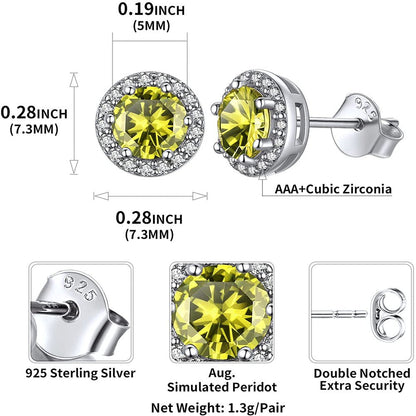 Birthstone Stud Earrings 925 Sterling Silver with Cubic Zirconia Crystal - Augus