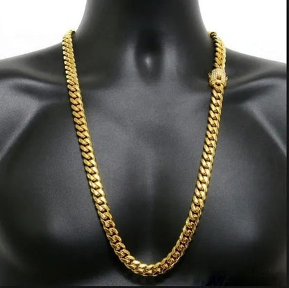 24K Gold 316L Stainless Steel Miami Cuban Link Chain with Heavy Duty Diamond Cla