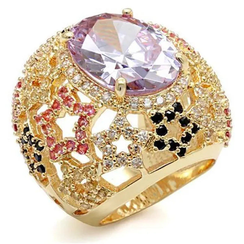 Women Imitation Gold Brass Ring with AAA Grade CZ in Light Amethyst - Size 7