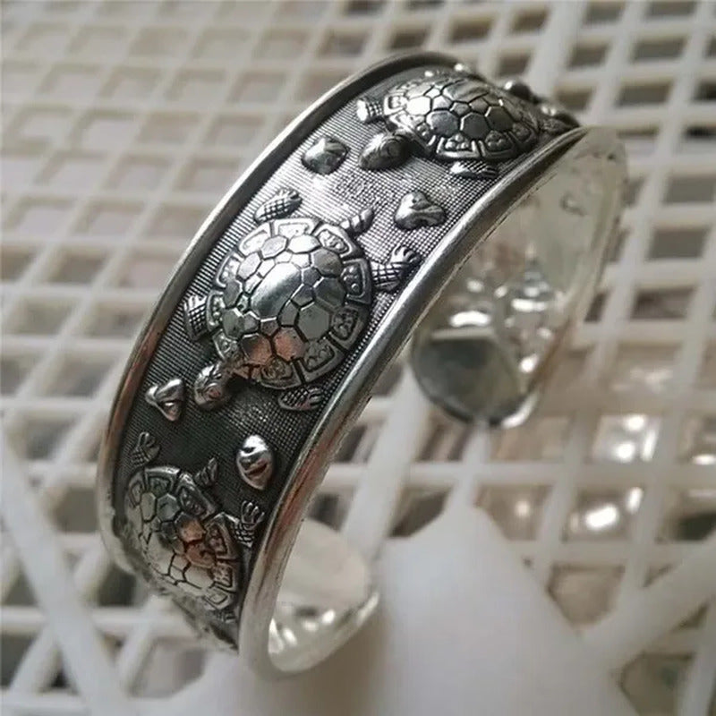 Fashion Tibet Silver Plated Carved Longevity Turtle Pattern Bracelet Party Gift