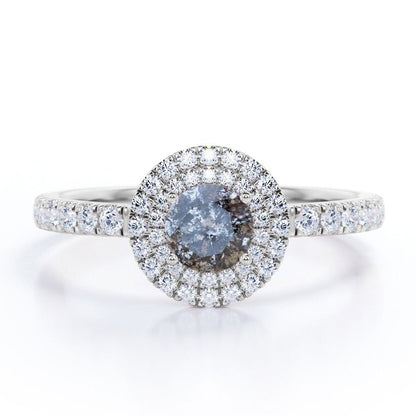 1.25 Carat round Brilliant Cut Grey Salt and Pepper Diamond with Moissanite Pave