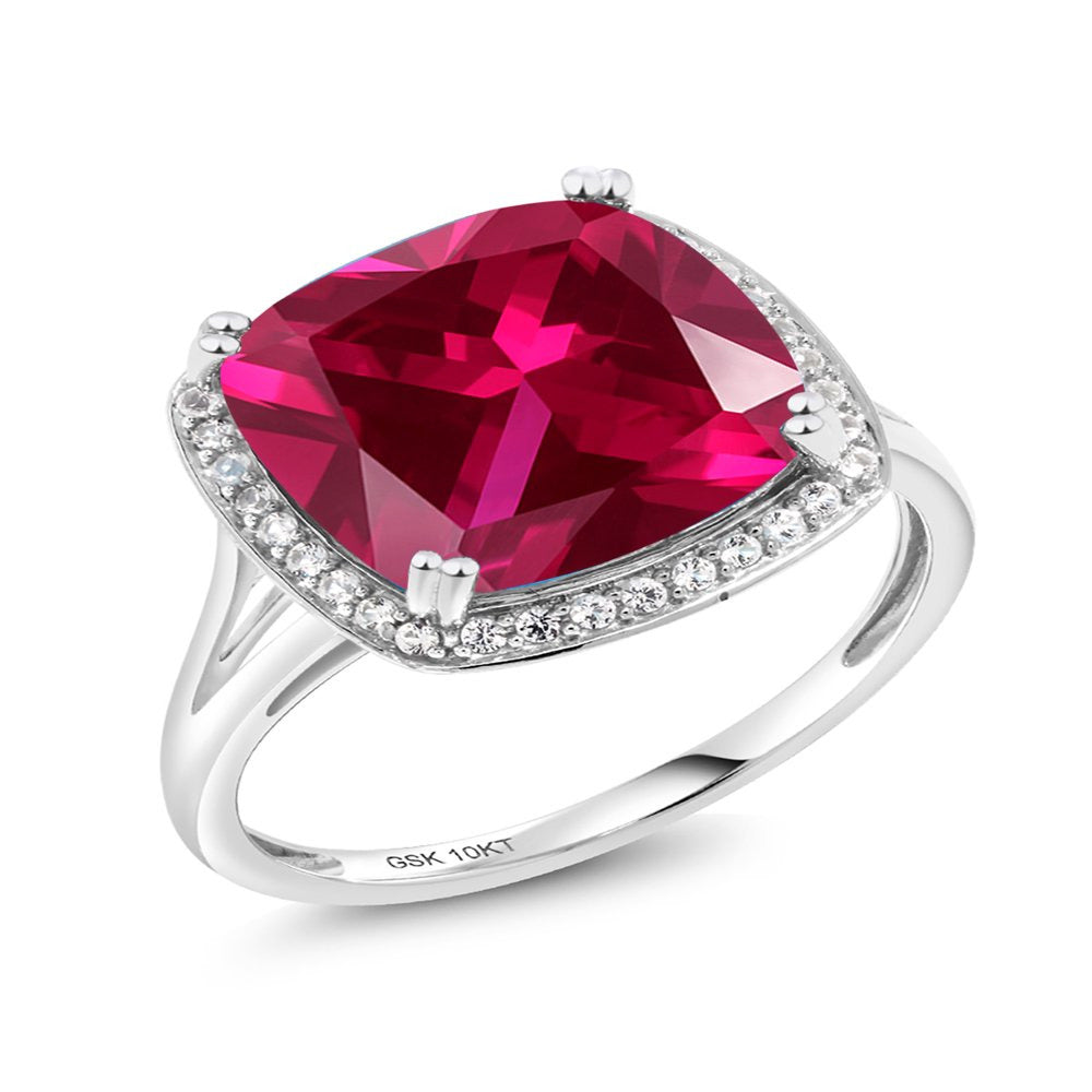8.27 Ct Cushion Red Created Ruby White Created Sapphire 10K White Gold Ring