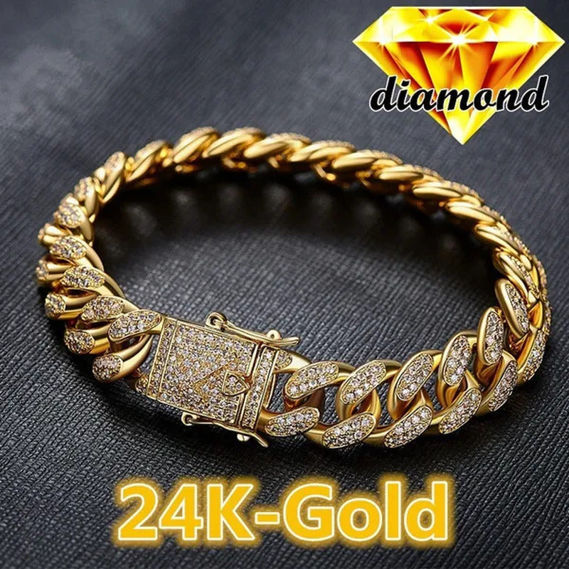 New 2018 Mens Womens Fashion Chain Hiphop Iced Out Curb Cuban Diamond 18K Gold /