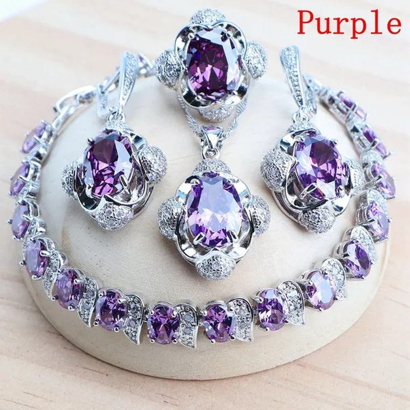 925 Silver Blue/Green/Purple/Rainbow Zirconia Bridal Jewelry Set for Women Brace