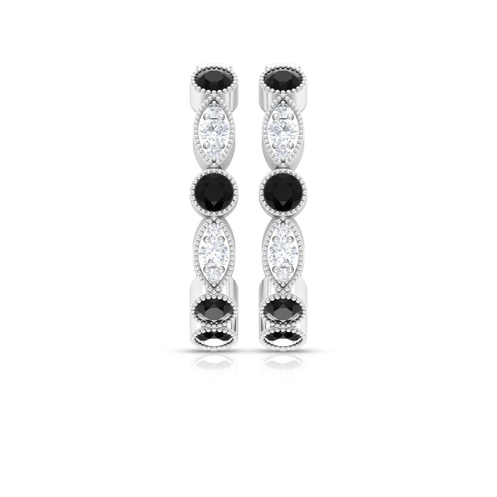3/4 CT Black Spinel and Diamond Hoop Earrings, Black Spinel Vintage Earrings, Ho
