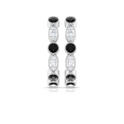 3/4 CT Black Spinel and Diamond Hoop Earrings, Black Spinel Vintage Earrings, Ho