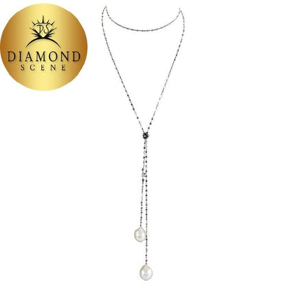 Baroque Pearl Black Diamond Gold Lariat Necklace
