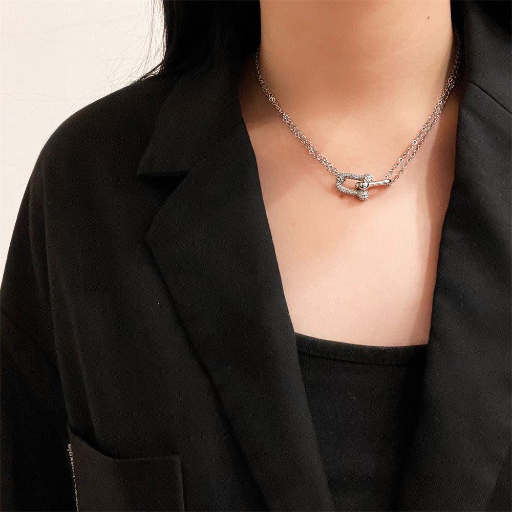 U-Shaped Horseshoe Buckle Gold Plated Diamond Necklace