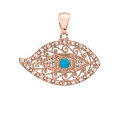 ROSE GOLD EVIL EYE DIAMOND PENDANT NECKLACE with TURQUOISE CENTER STONE : 10K Pe